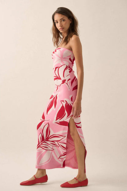 Tropical Chill Floral Strapless Maxi Sweater Dress