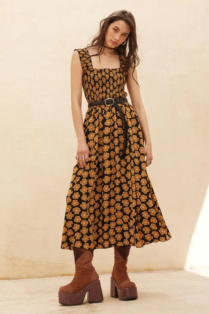 Vintage Blooms Floral Smocked Midi Dress