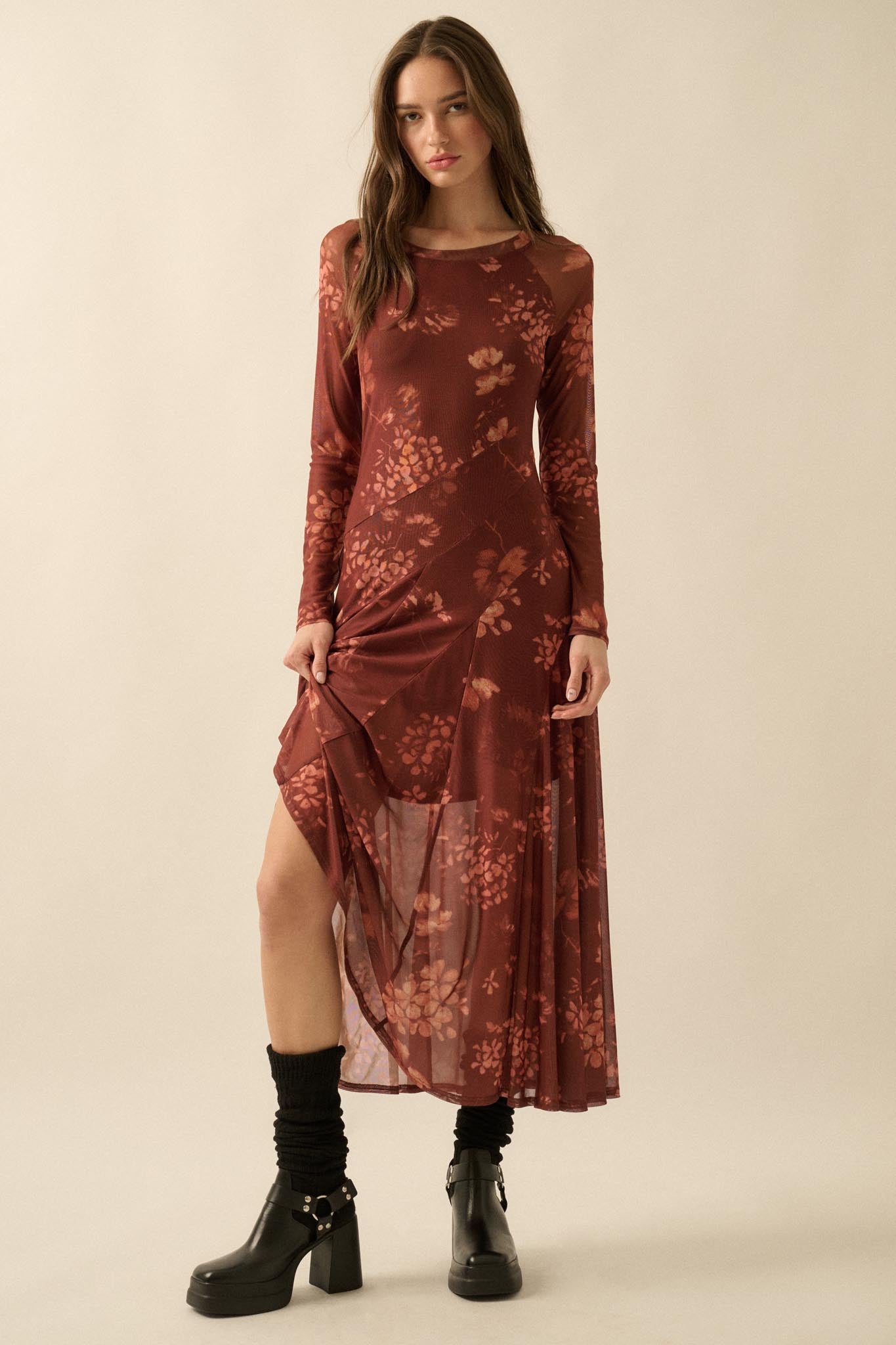 Spice of Life Floral Mesh Paneled Midi Dress