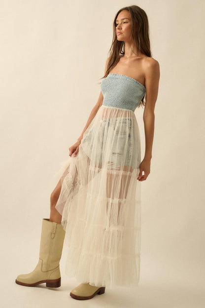 Dancing on Air Denim and Tulle Layering Maxi Dress