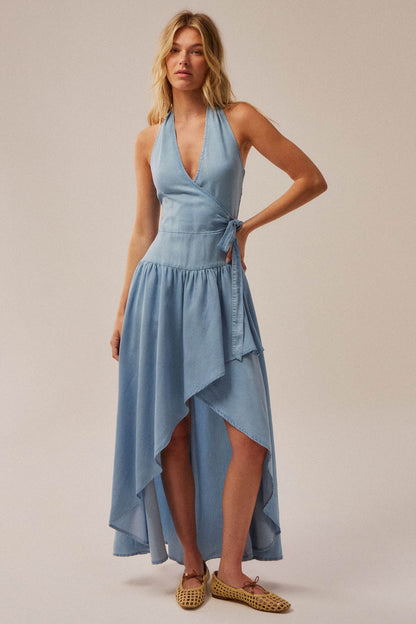 Beautiful Breeze Denim Halter Wrap Maxi Dress