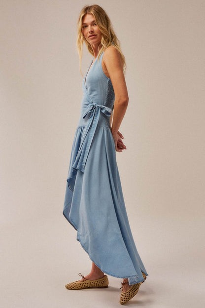 Beautiful Breeze Denim Halter Wrap Maxi Dress