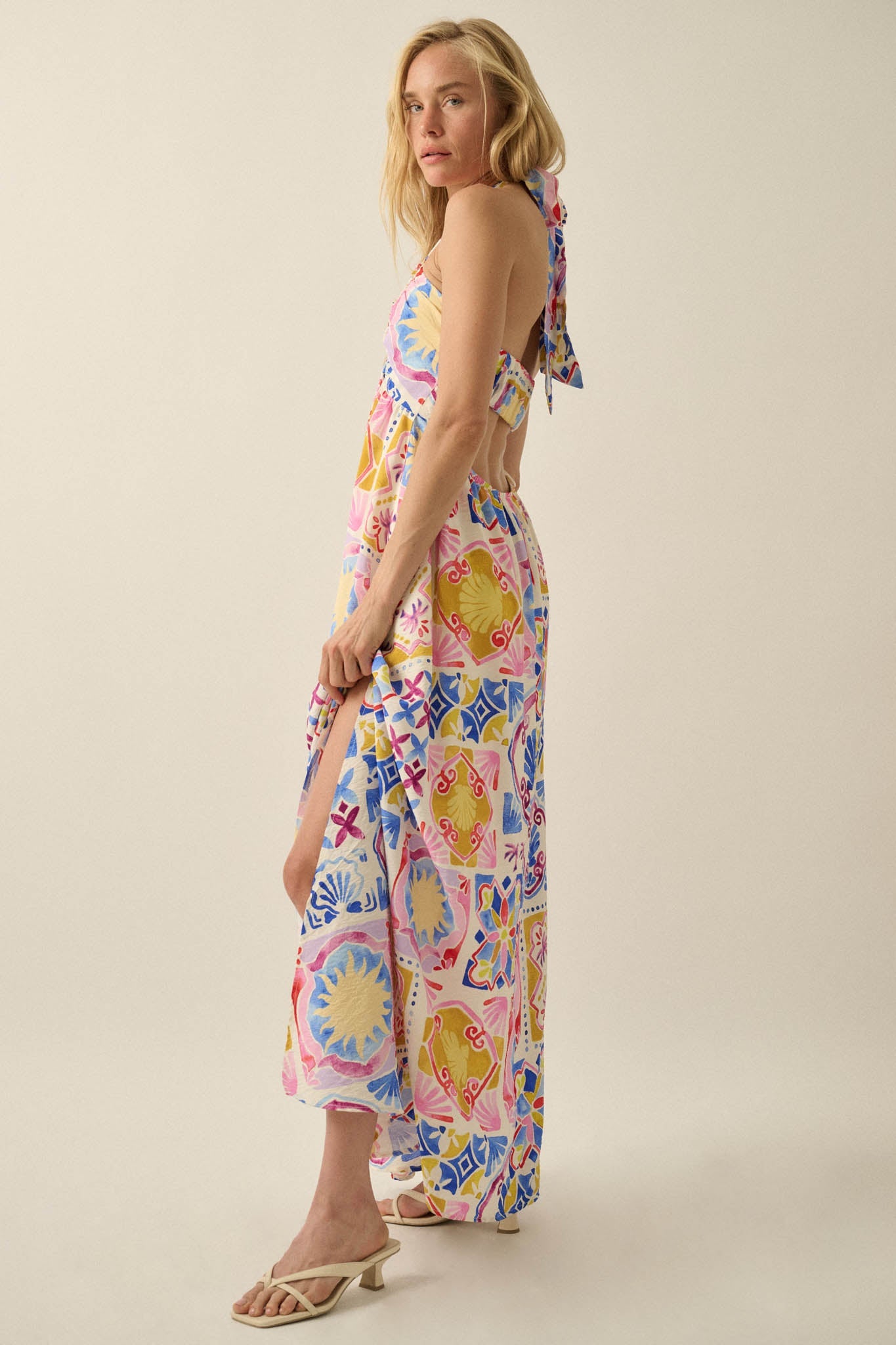 Sunny Saville Tile-Print Open-Back Halter Maxi Dress