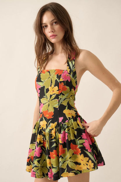 Maui Magic Tropical Floral Halter Mini Dress