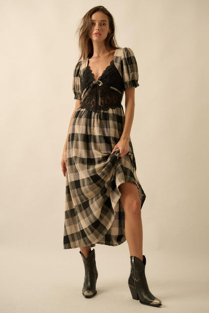 True Country Plaid and Lace Puff-Sleeve Midi Dress