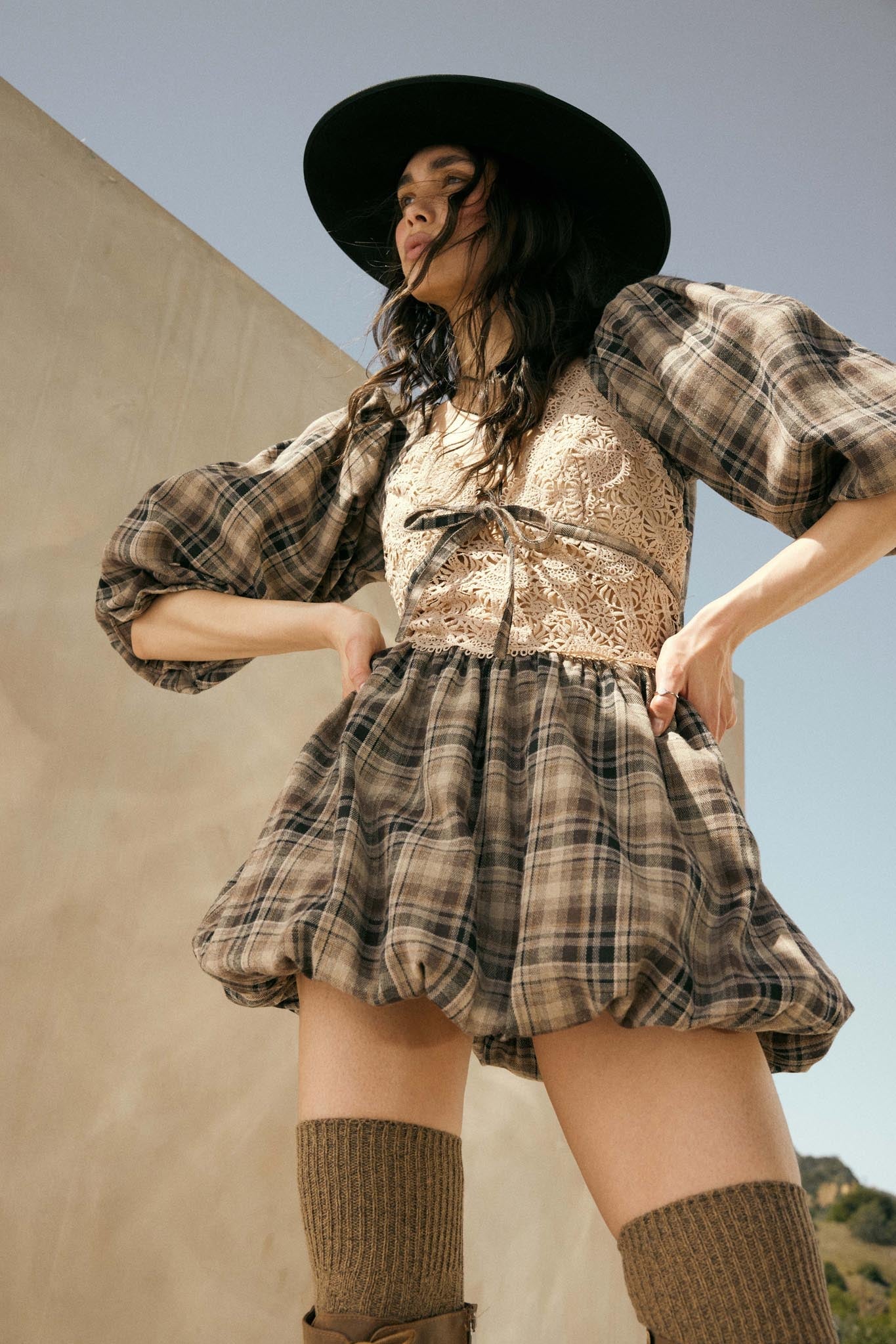 Country Cottage Plaid and Lace Bubble Mini Dress