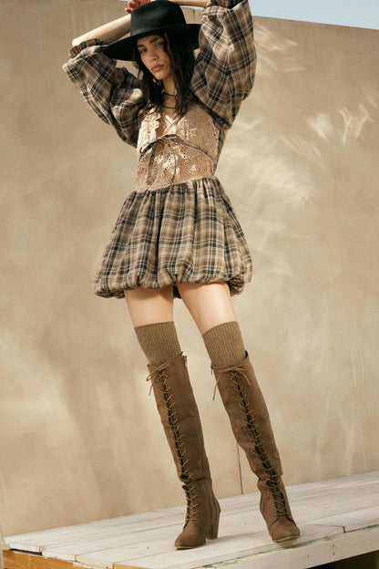Country Cottage Plaid and Lace Bubble Mini Dress