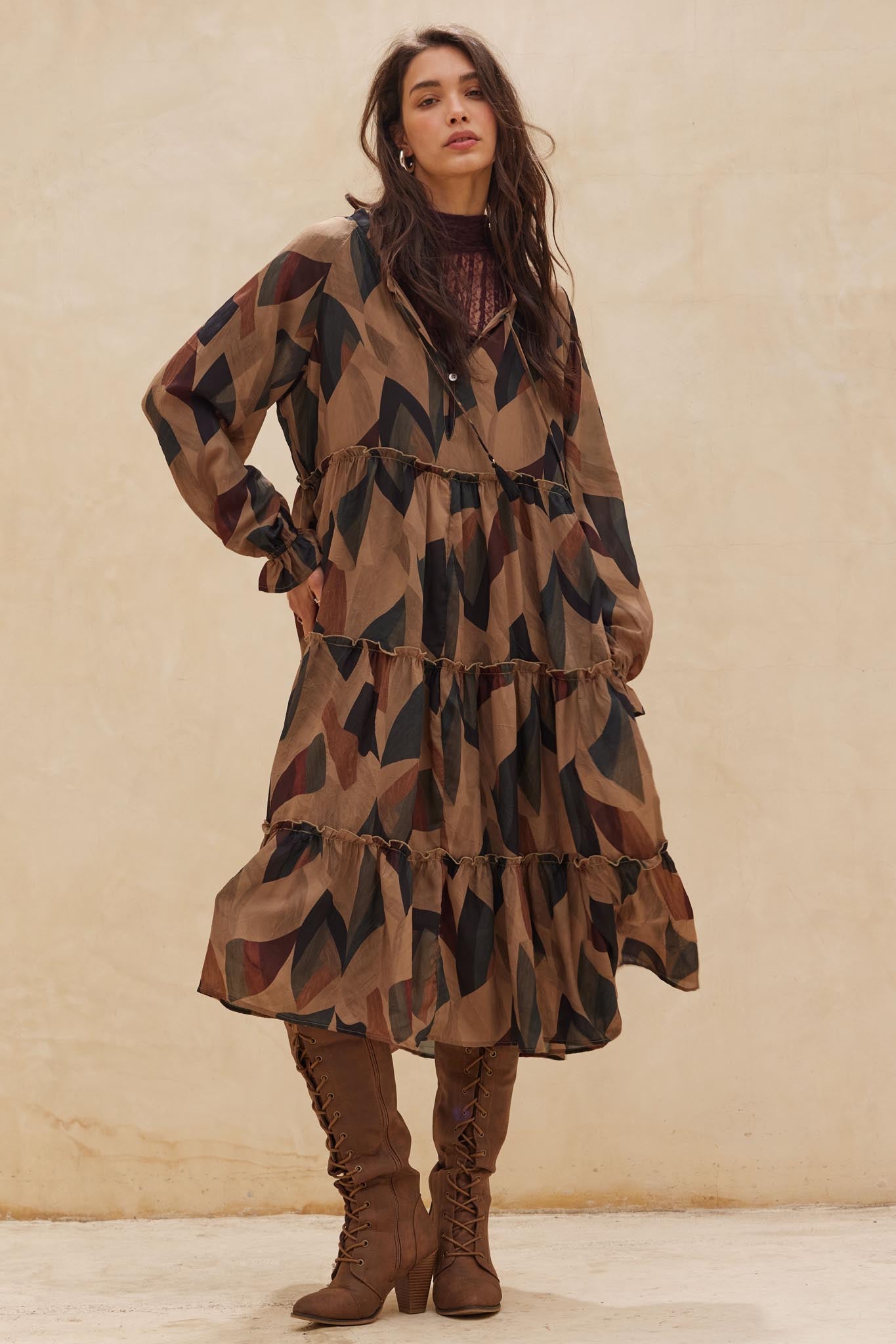 Modern Vintage Abstract-Print Midi Prairie Dress