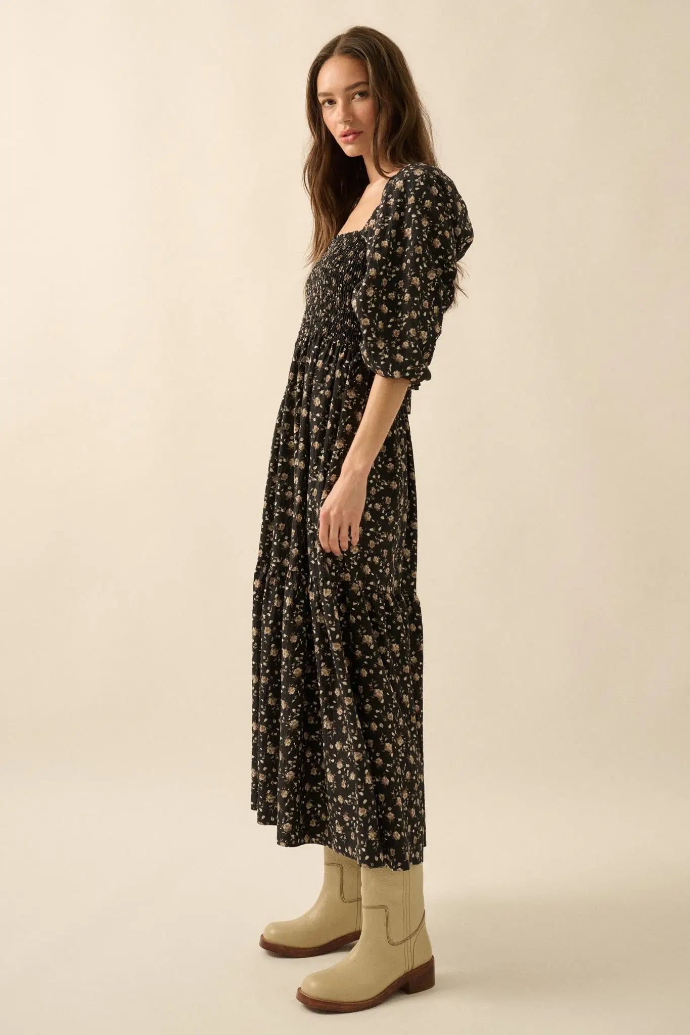 Home Ground Floral Smocked Midi Peasant Dress