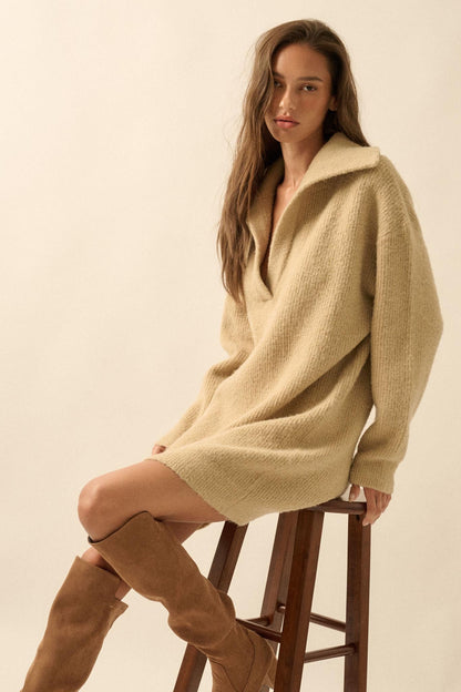 Warm Welcome Collared Split-Neck Mini Sweater Dress