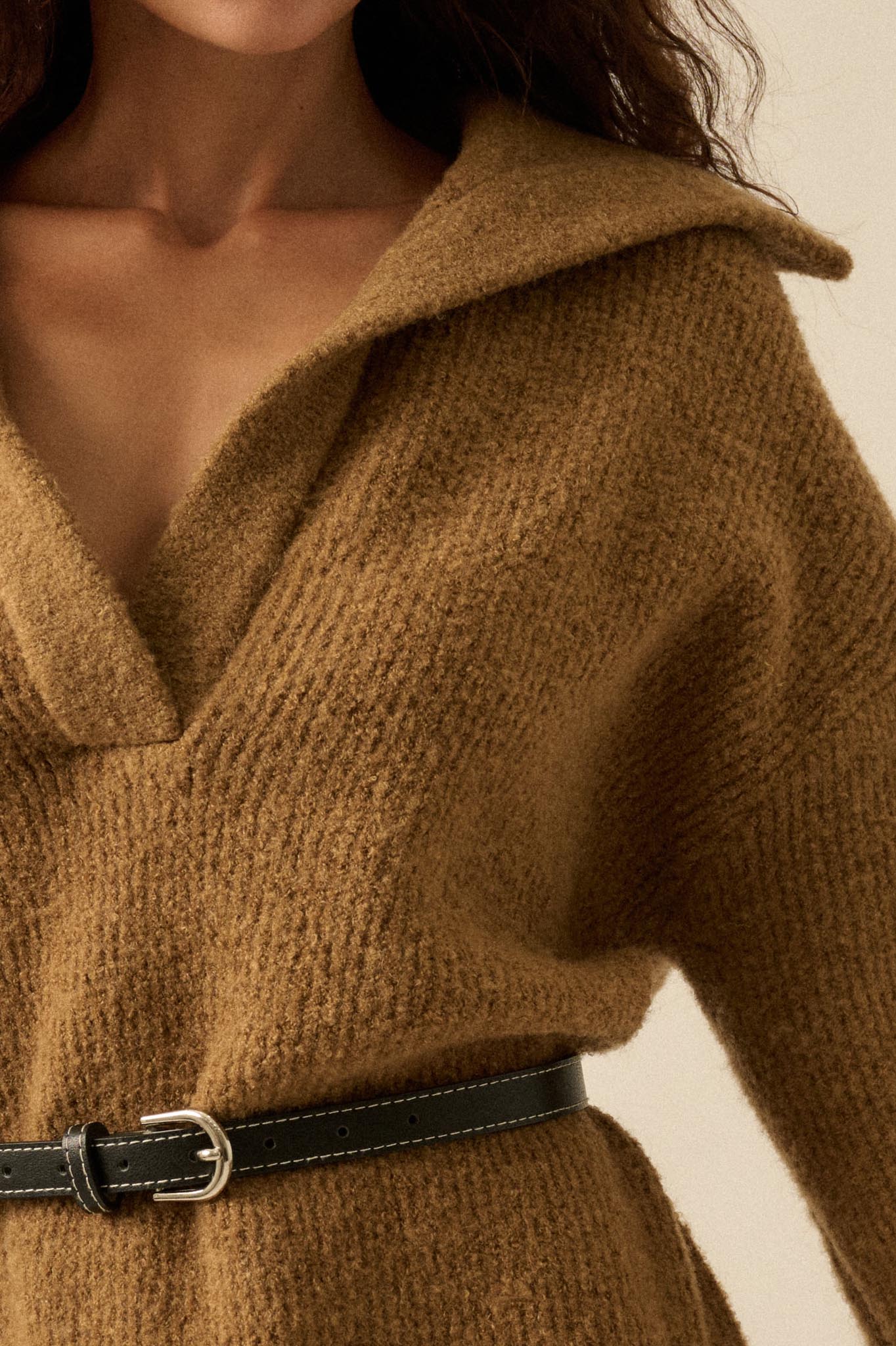 Warm Welcome Collared Split-Neck Mini Sweater Dress