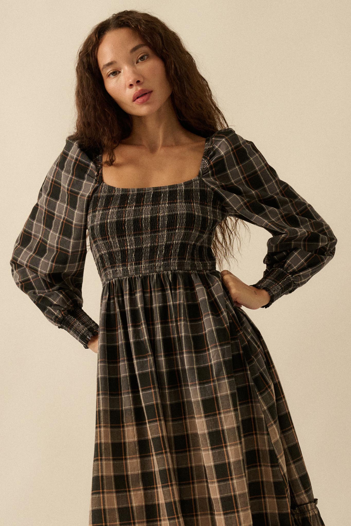 Timeless Tartan Smocked Plaid Midi Prairie Dress