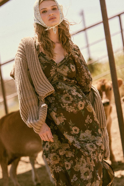 Wildflower Glen Floral Velvet-Trim Maxi Dress