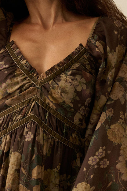 Wildflower Glen Floral Velvet-Trim Maxi Dress