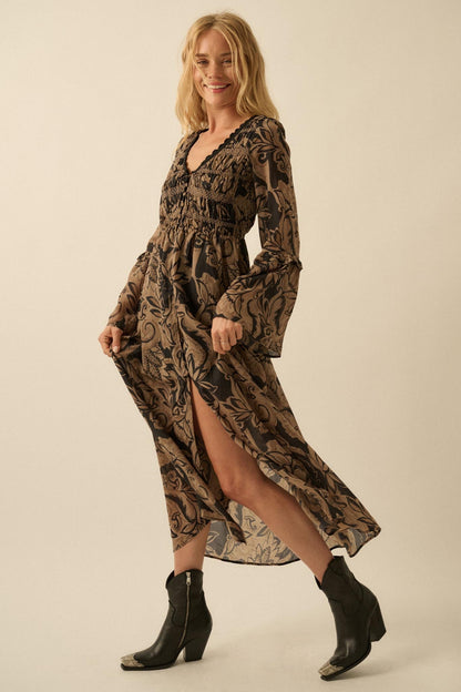 Blooming Opulence Floral Bell-Sleeve Midi Dress