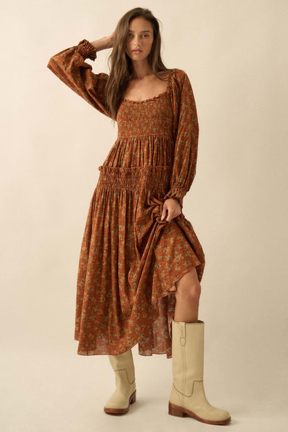 Field Day Floral Plaid Smocked Midi Peasant Dress