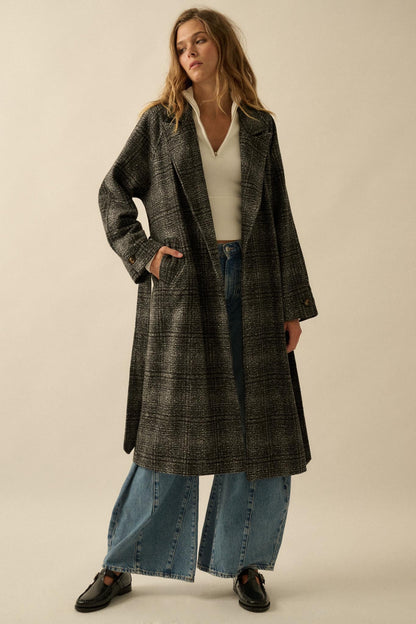 Check Point Plaid Tweed Belted Trench Coat