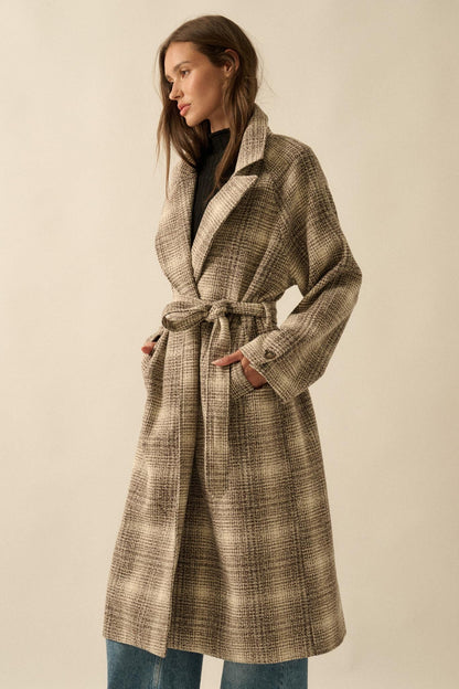 Check Point Plaid Tweed Belted Trench Coat