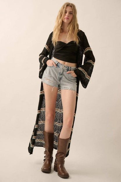 Diamond Drift Striped Crochet Duster Cardigan