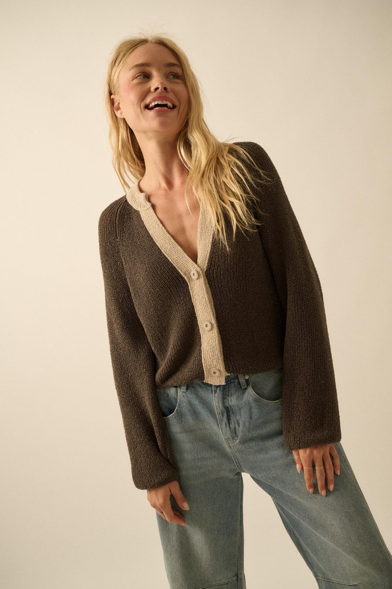 Meant to Be Contrast Knit Cropped Cardigan