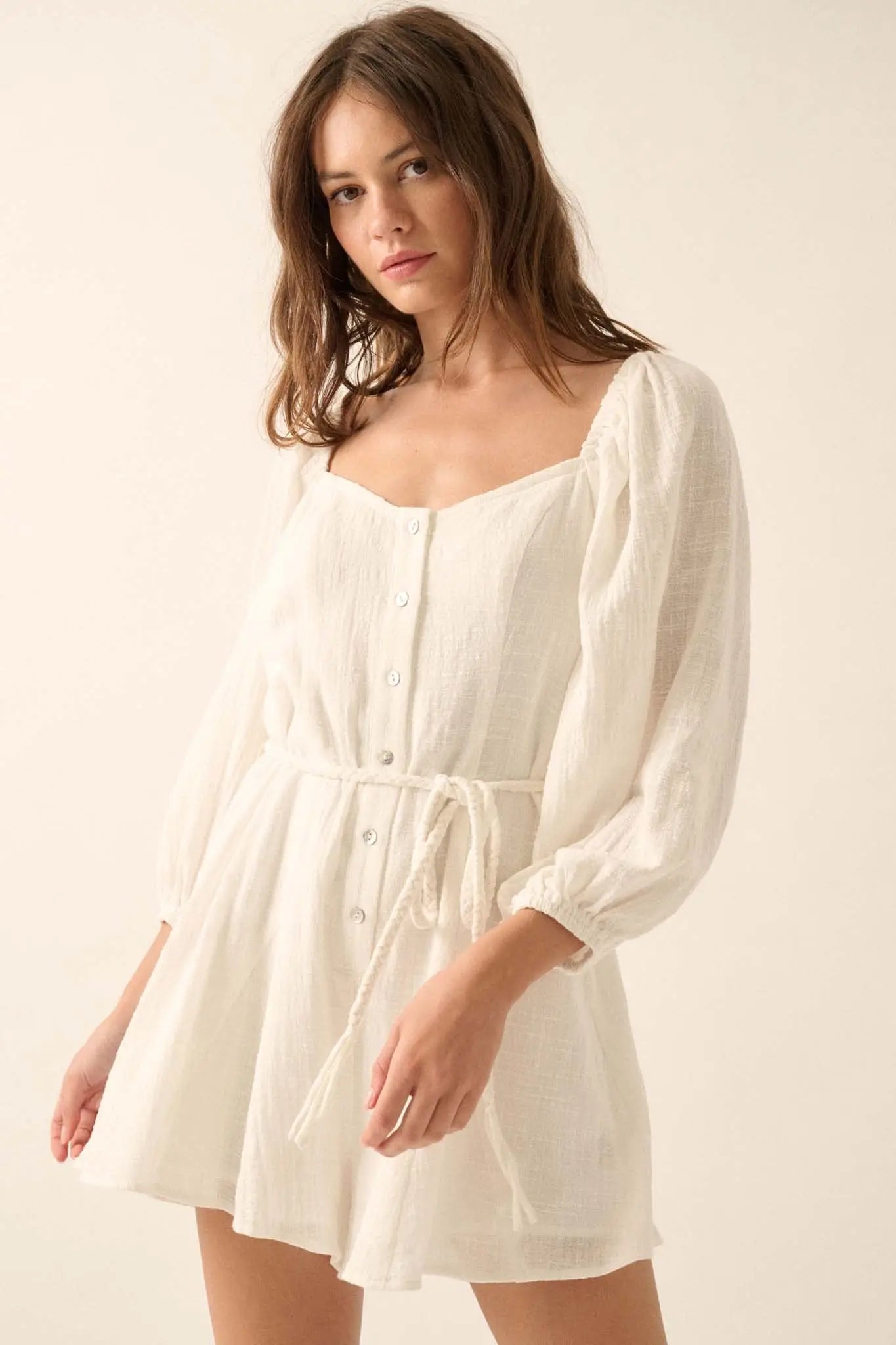 Refreshing Breeze Belted Puff-Sleeve Romper