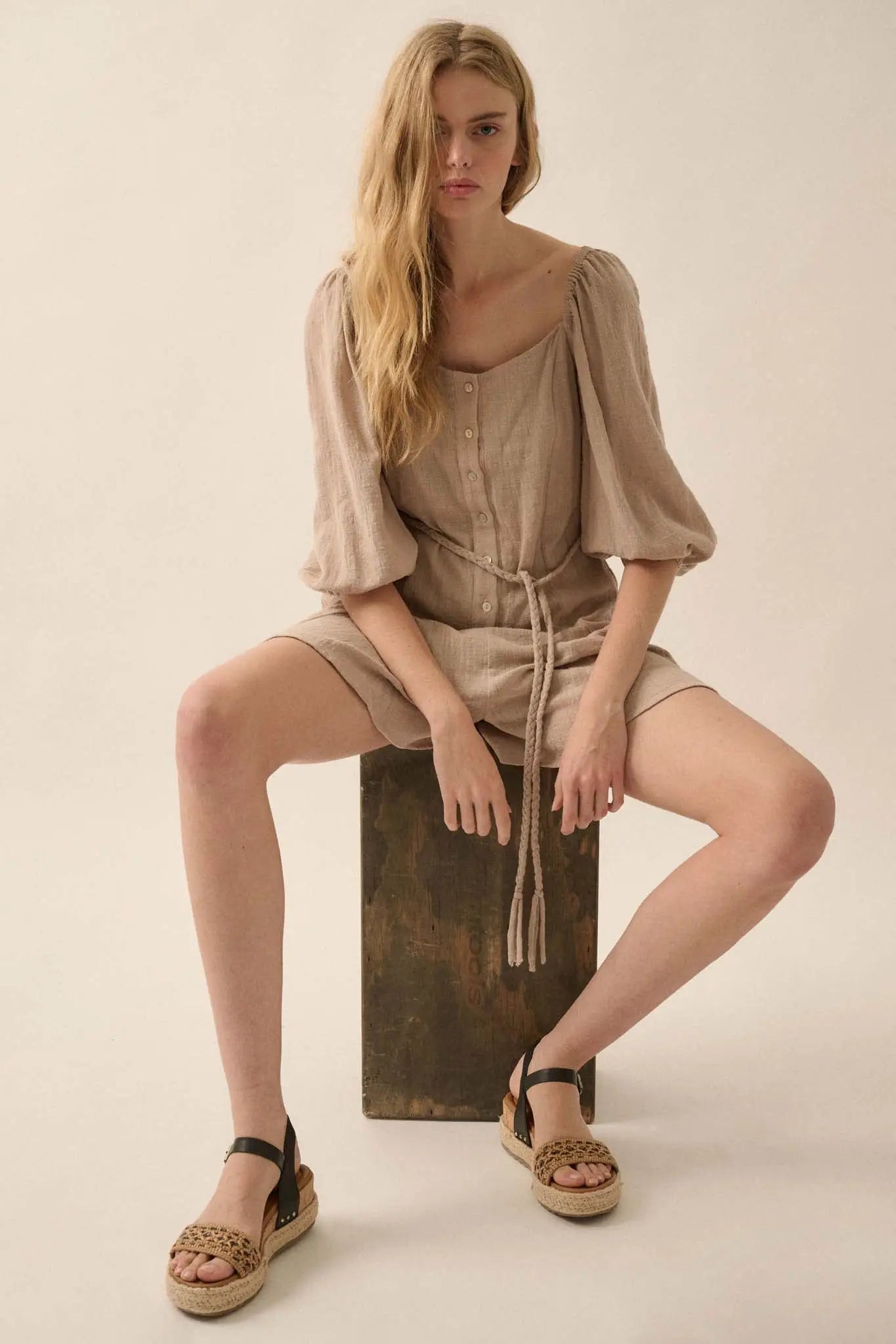 Refreshing Breeze Belted Puff-Sleeve Romper