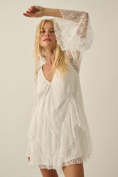 Morning Whisper Ruffled Lace Bell-Sleeve Romper