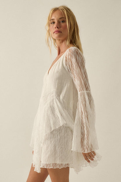 Morning Whisper Ruffled Lace Bell-Sleeve Romper