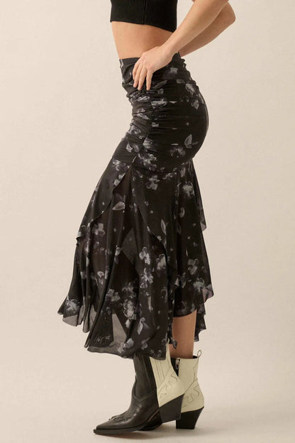 Blooming Shadows Floral Mesh Drop-Waist Midi Skirt