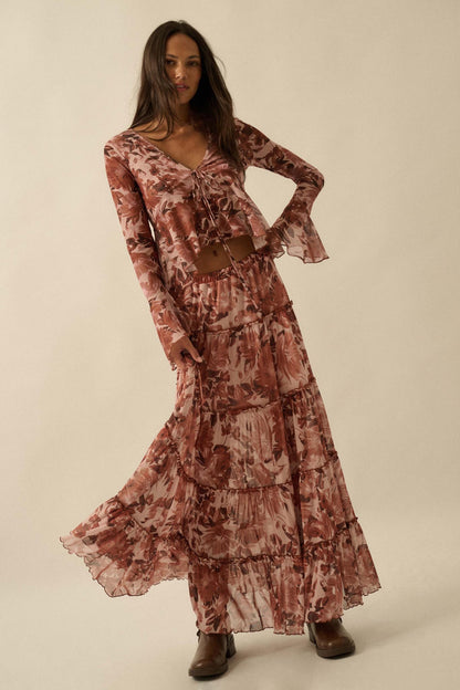 Gorgeous Garden Floral Mesh Tiered Maxi Skirt