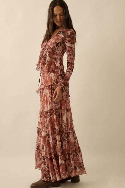 Gorgeous Garden Floral Mesh Tiered Maxi Skirt
