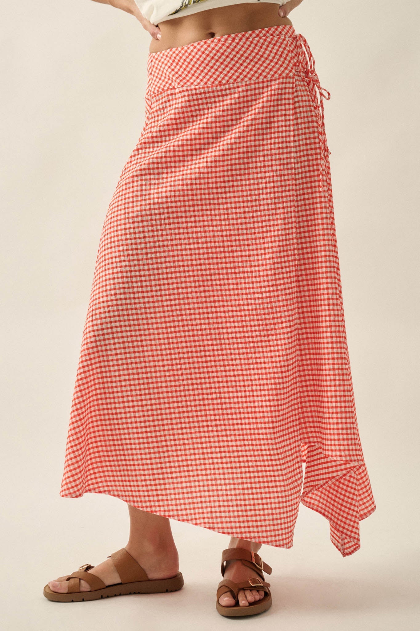 Sweet As Can Be Gingham Side-Tie Wrap Maxi Skirt