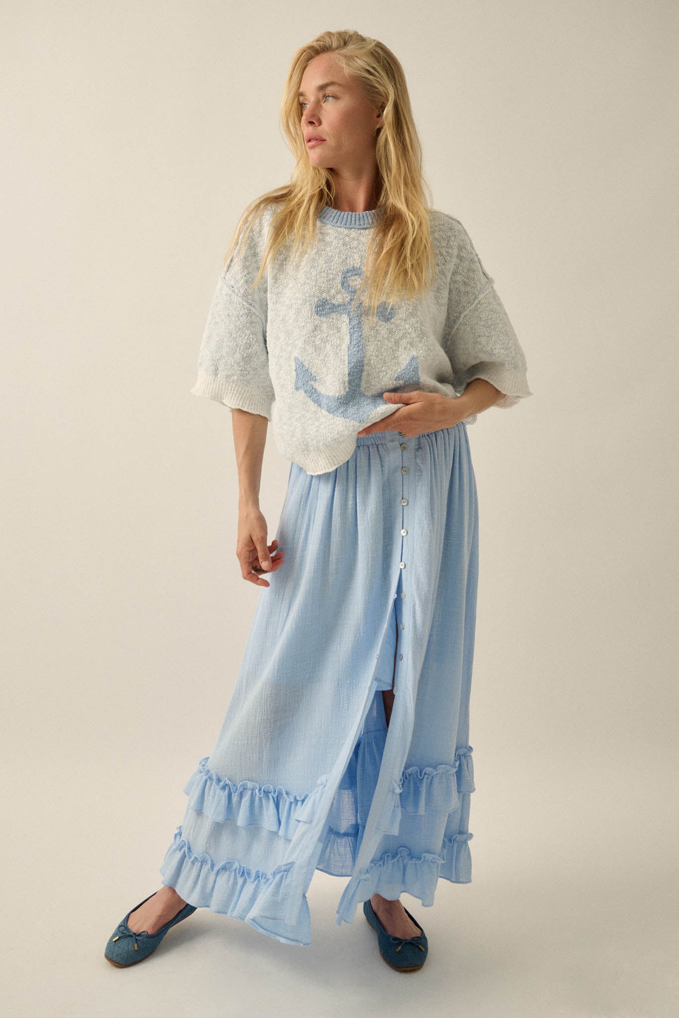 Breezy Day Cotton Gauze Button Ruffle Maxi Skirt
