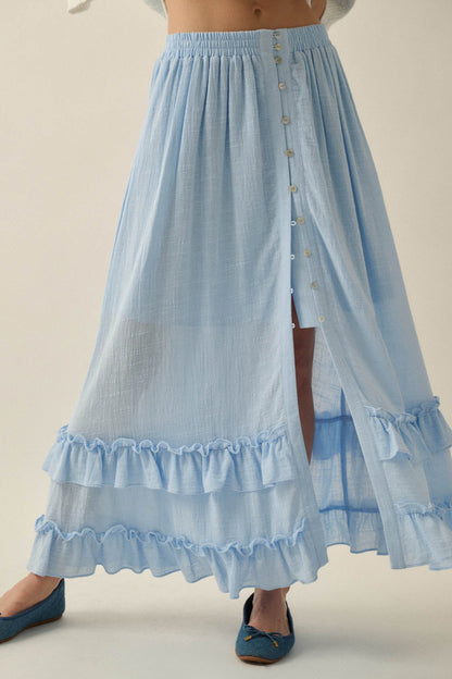 Breezy Day Cotton Gauze Button Ruffle Maxi Skirt