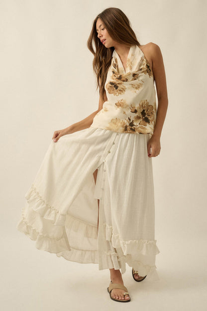 Breezy Day Cotton Gauze Button Ruffle Maxi Skirt