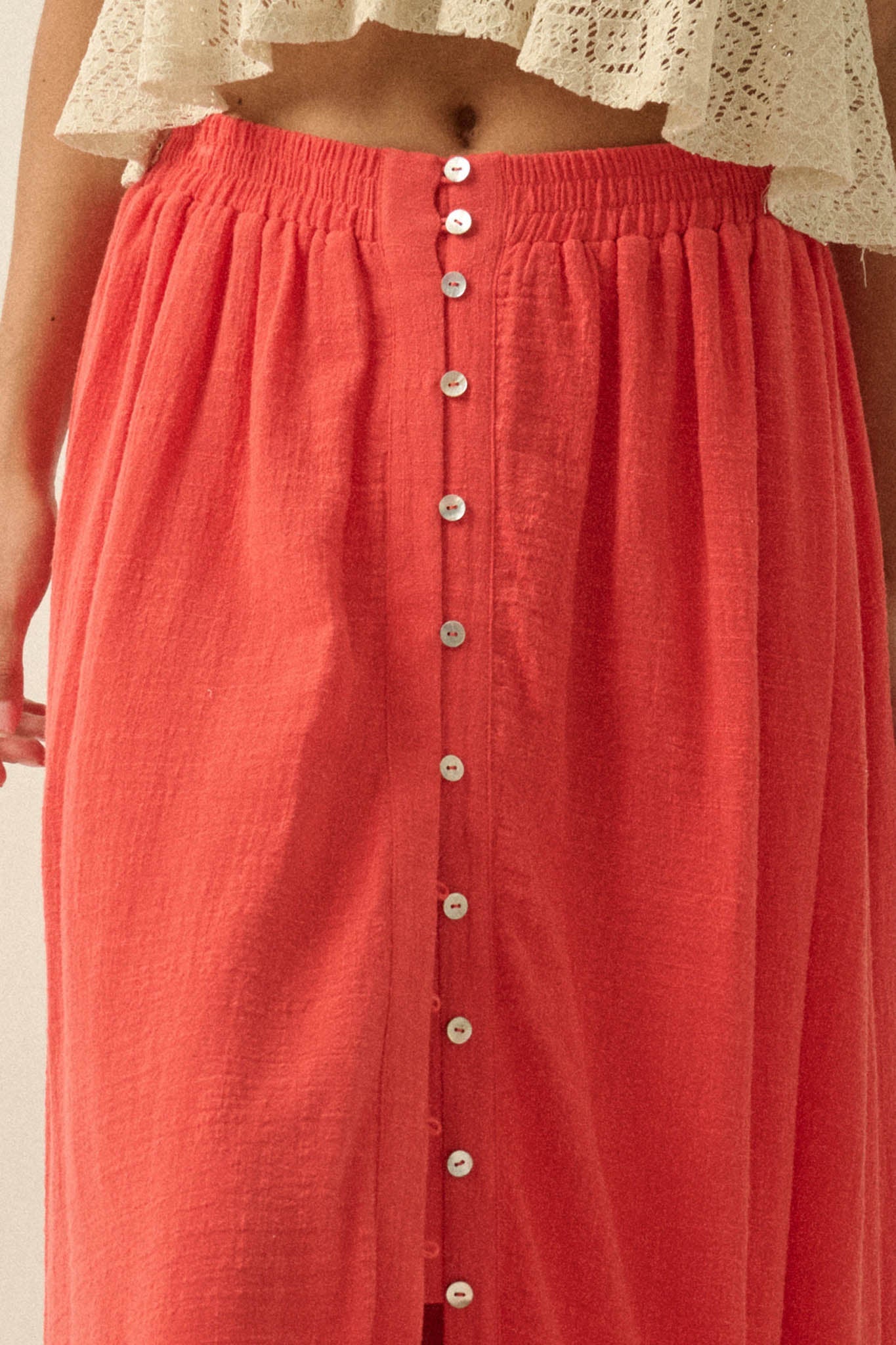Breezy Day Cotton Gauze Button Ruffle Maxi Skirt