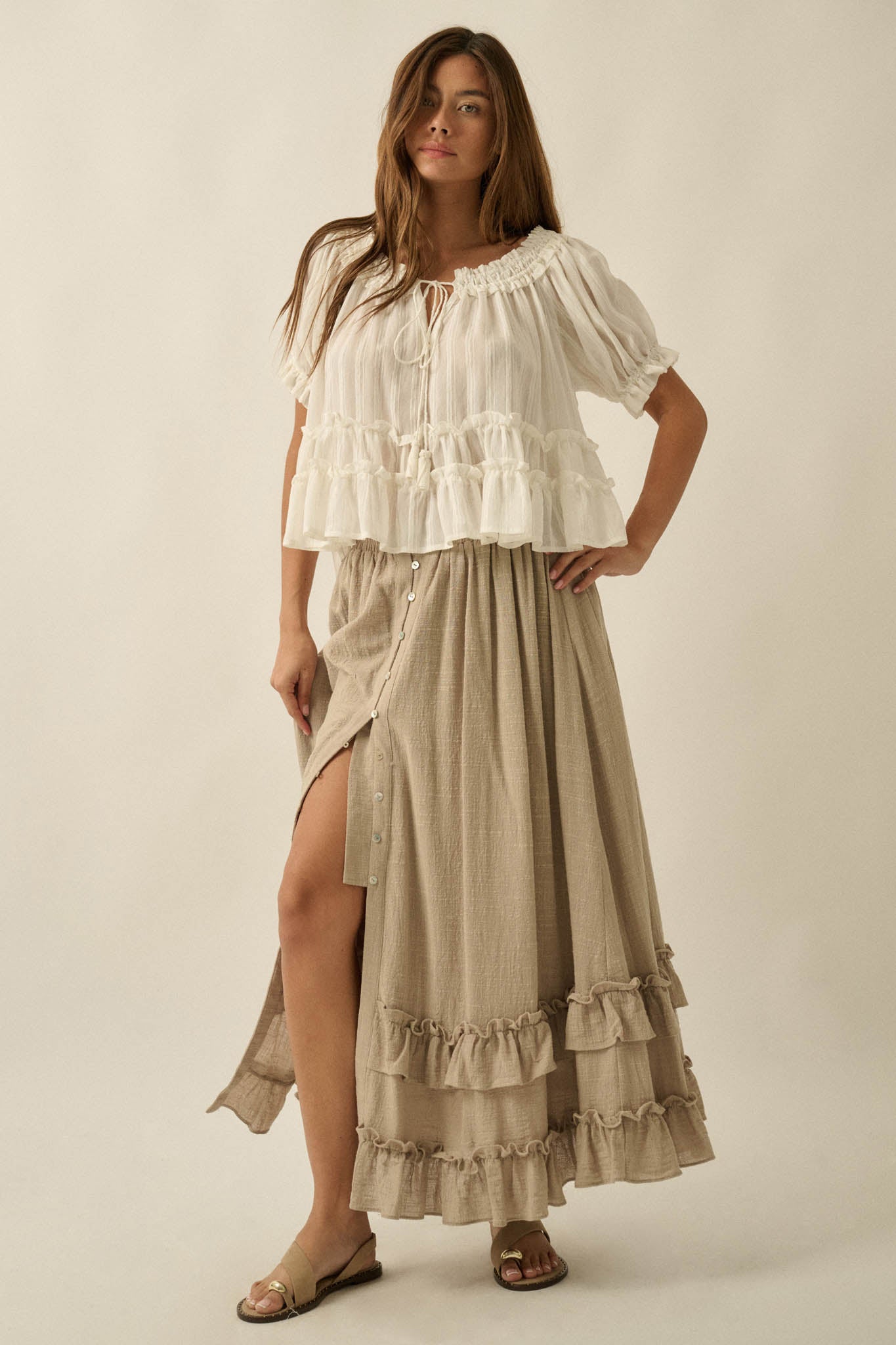 Breezy Day Cotton Gauze Button Ruffle Maxi Skirt