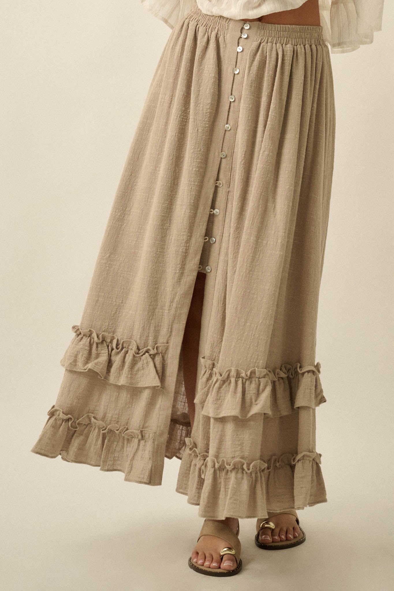 Breezy Day Cotton Gauze Button Ruffle Maxi Skirt