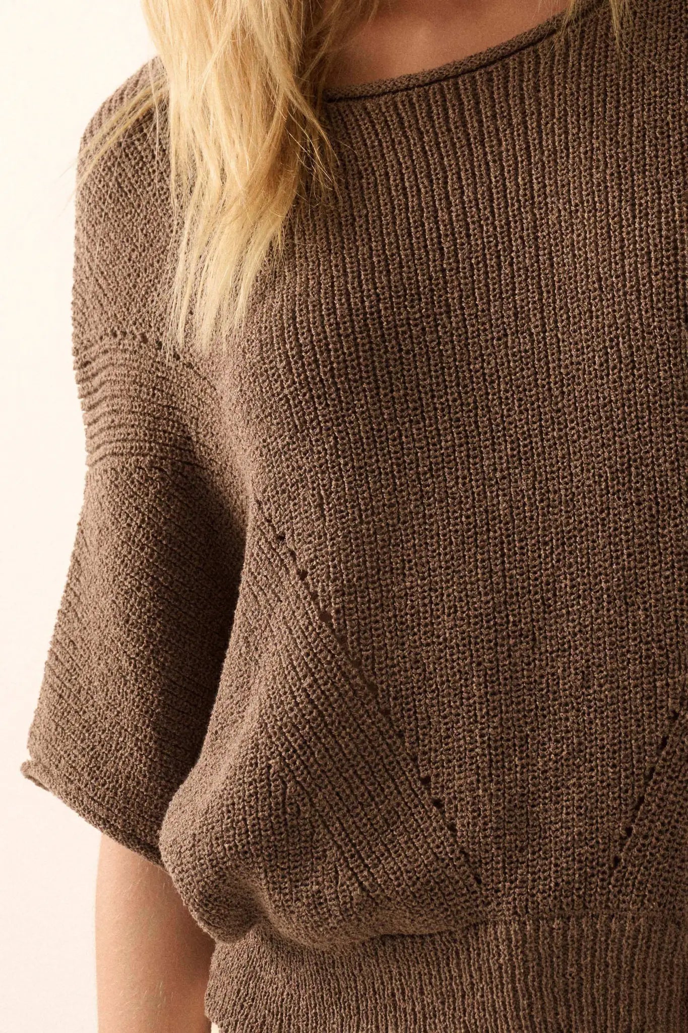 True Self Short-Sleeve Pointelle Rib-Knit Sweater