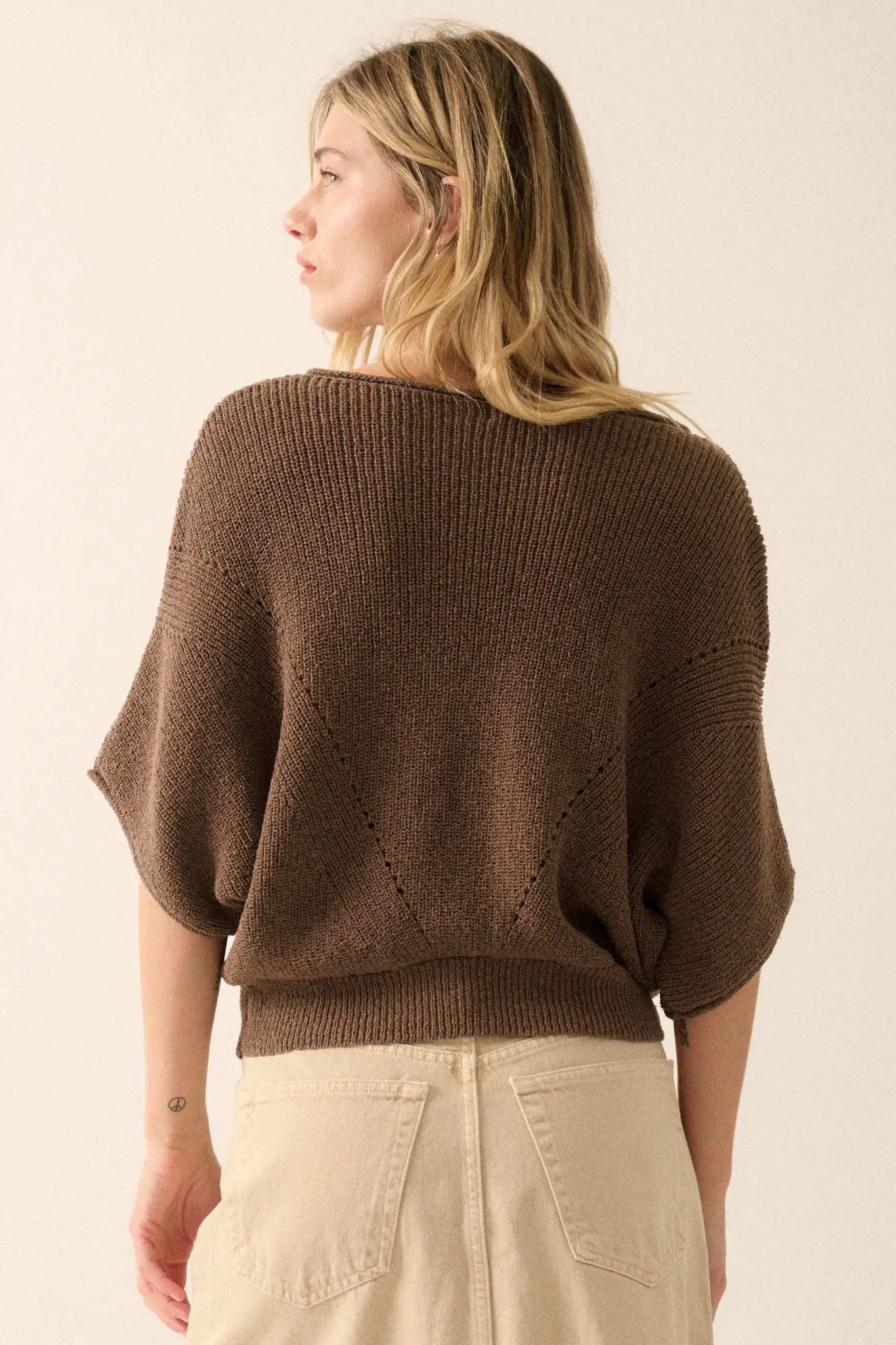 True Self Short-Sleeve Pointelle Rib-Knit Sweater