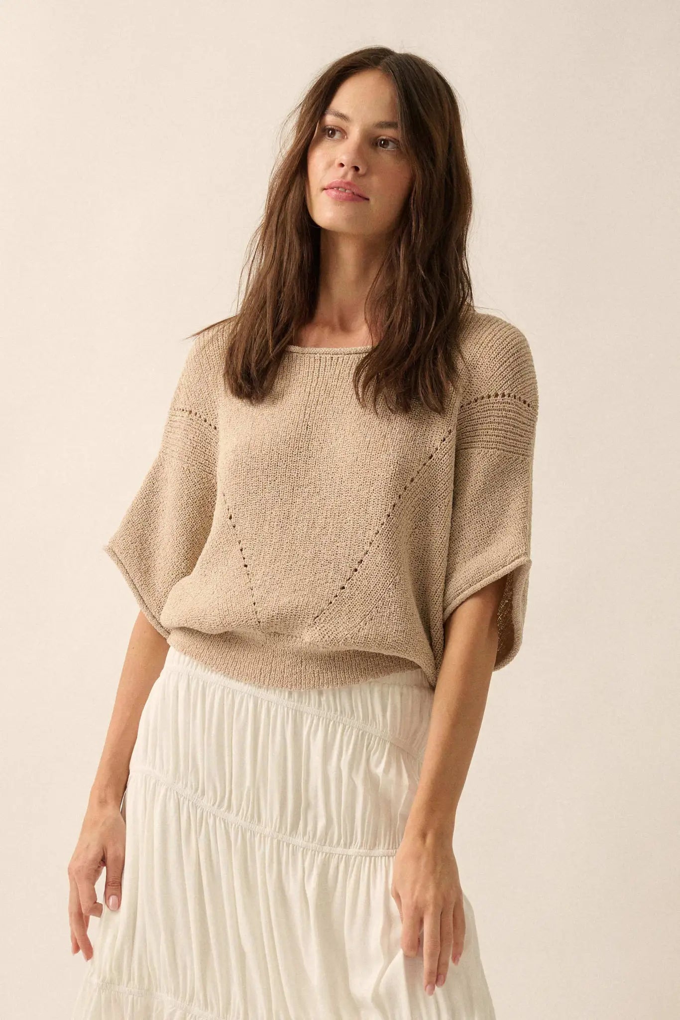 True Self Short-Sleeve Pointelle Rib-Knit Sweater