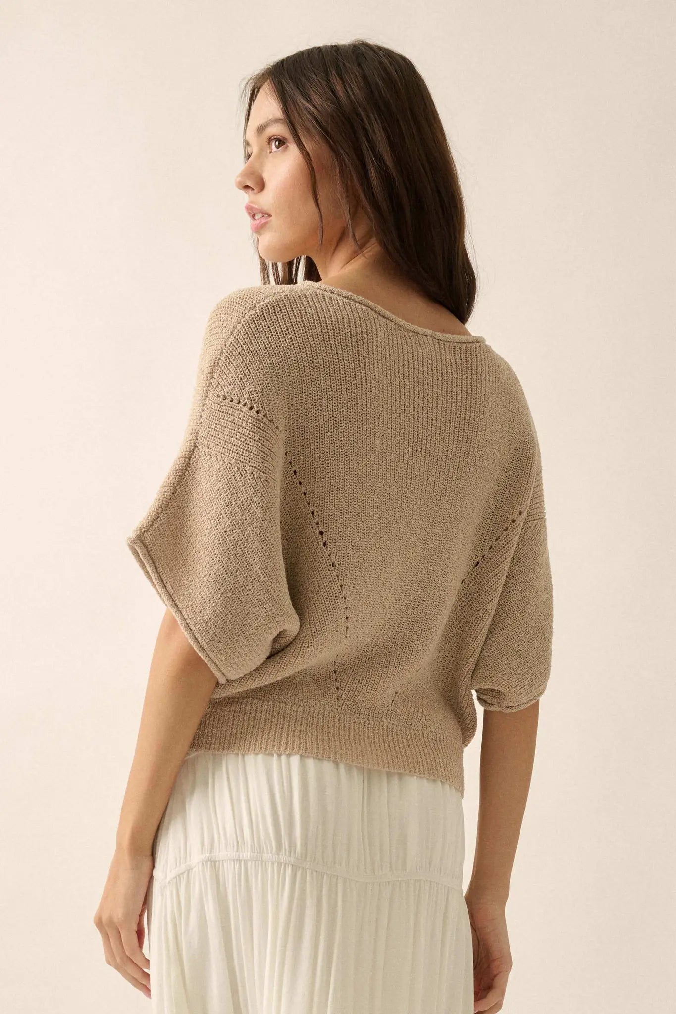 True Self Short-Sleeve Pointelle Rib-Knit Sweater