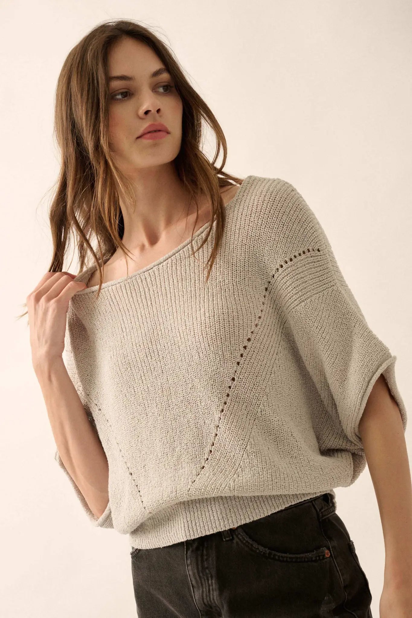 True Self Short-Sleeve Pointelle Rib-Knit Sweater