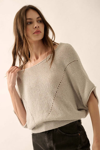 True Self Short-Sleeve Pointelle Rib-Knit Sweater