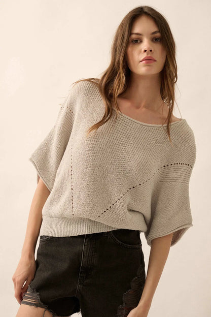 True Self Short-Sleeve Pointelle Rib-Knit Sweater