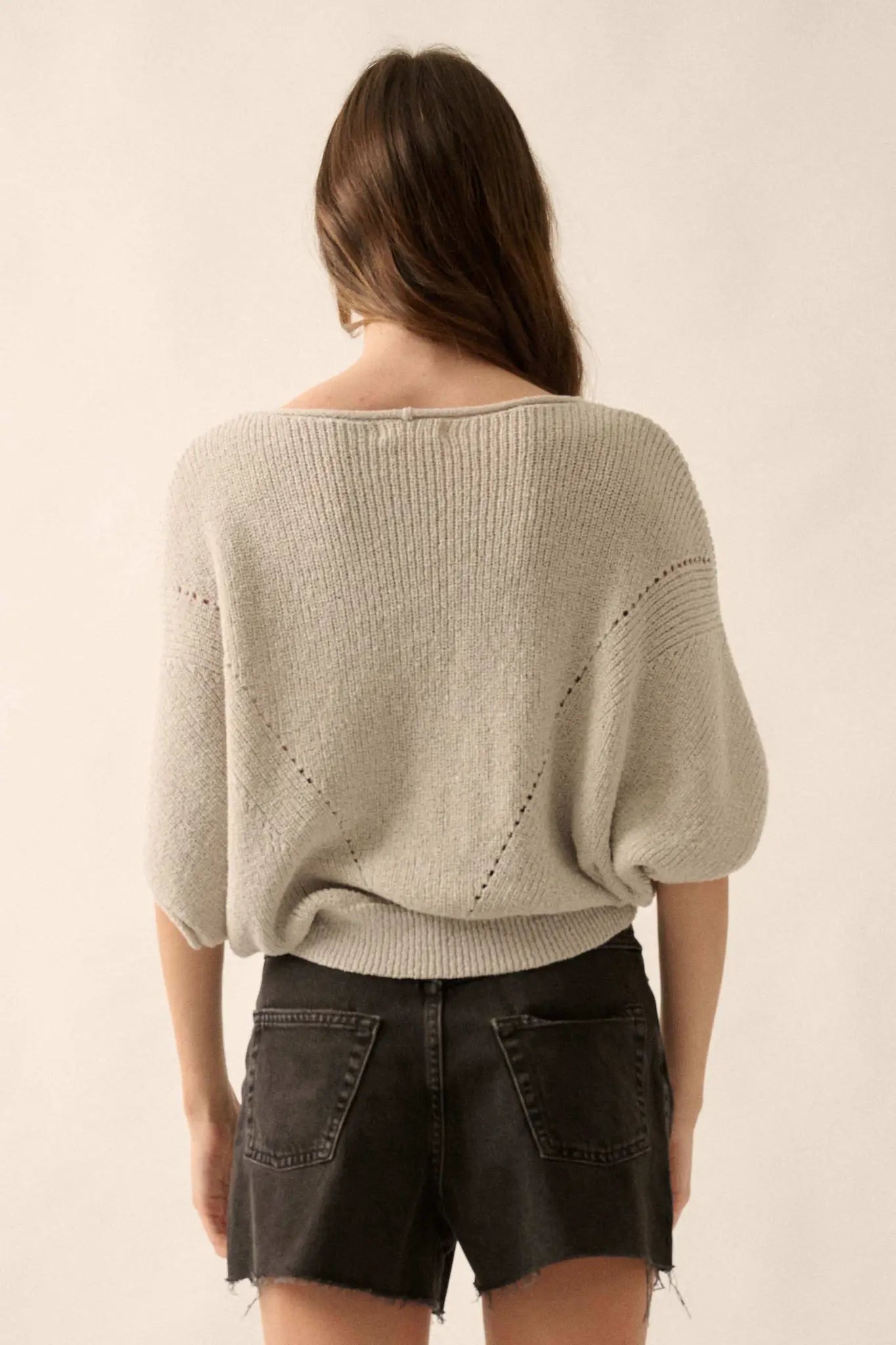 True Self Short-Sleeve Pointelle Rib-Knit Sweater