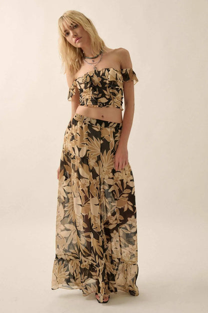 Exotic Tropics Floral Off-Shoulder Ruffle Crop Top