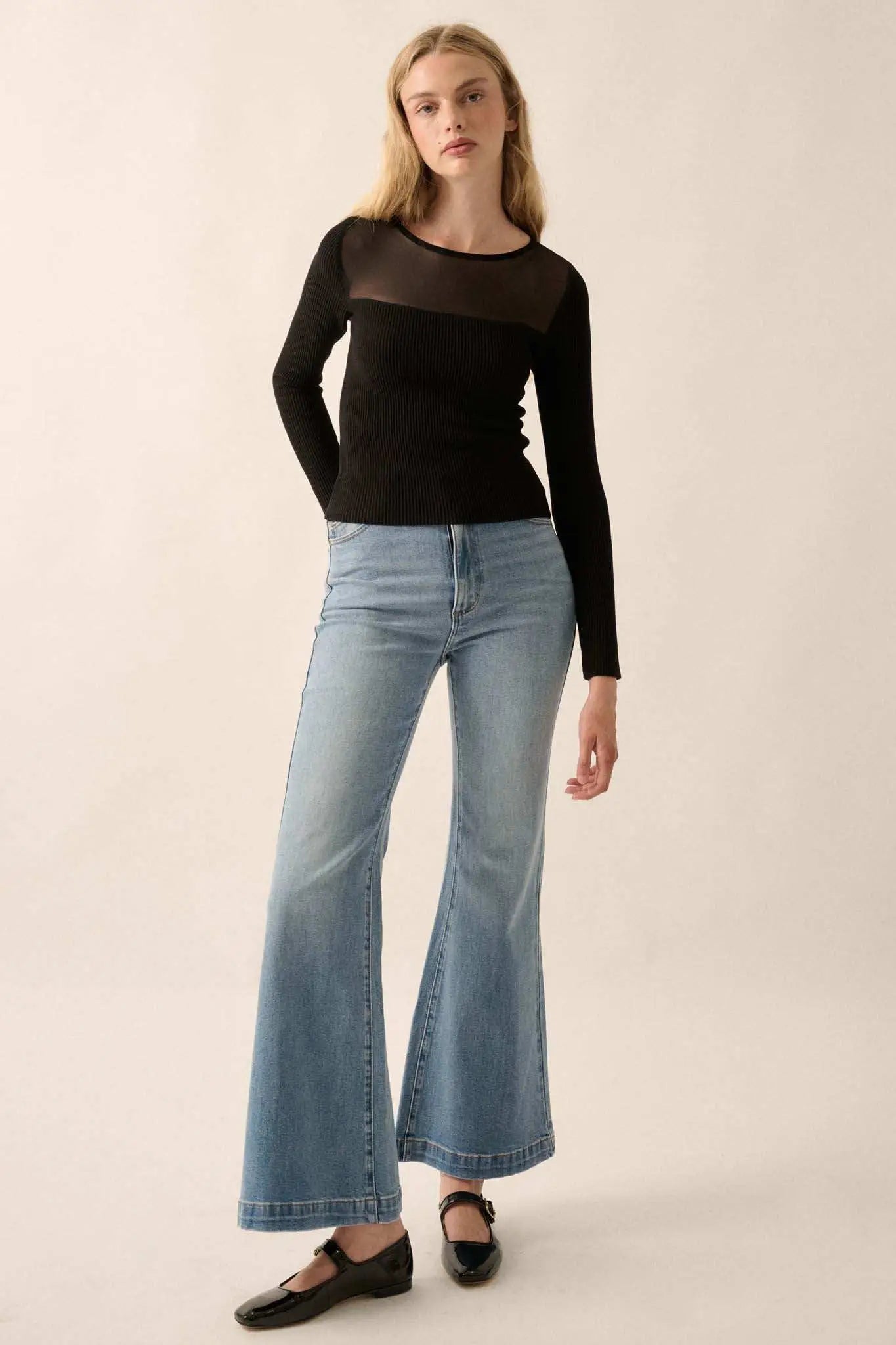 Shaper Fit Mesh Yoke Ribbed Knit Top