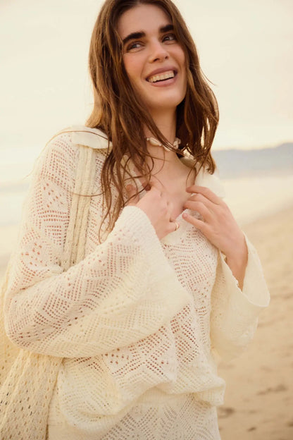 Diamond Dream Pointelle Crochet-Knit Polo Sweater