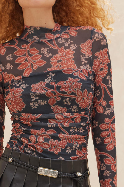 Baroque Blooms Floral Mesh Ruched Bodysuit